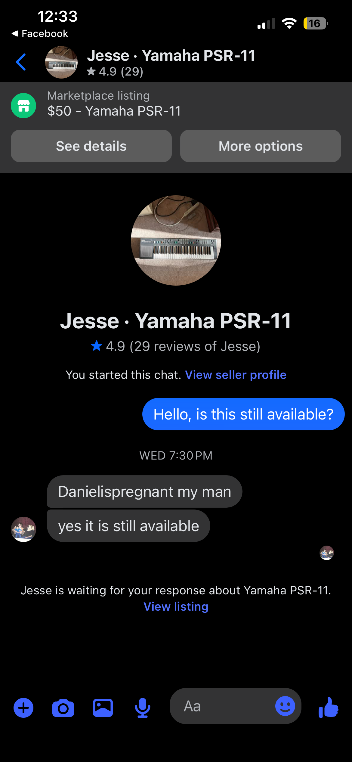 Facebook Marketplace conversation where a seller recognizes Pregnant
